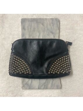 Mango Studded Faux Leather Clutch Zipper Bag Black Evening Rocker Chic